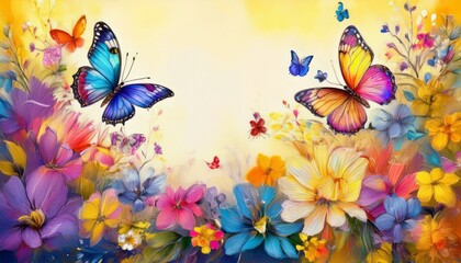 beautiful border frame of hand drawn colorful flowers and colorful butterflies background, graphic resource