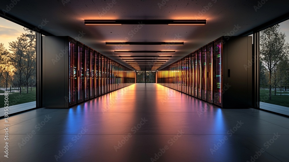 Poster a modern data technology center features server racks operating in a dark facility, symbolizing the 