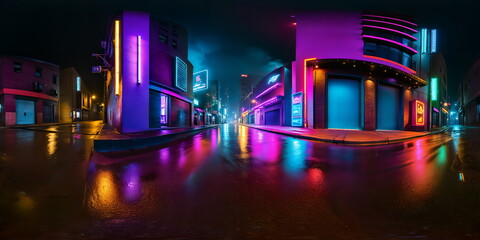 Full 360 degrees seamless spherical panorama HDRI equirectangular projection of Cyberpunk Night City Tron Future. Texture environment map for lighting and reflection source rendering 3d scenes.