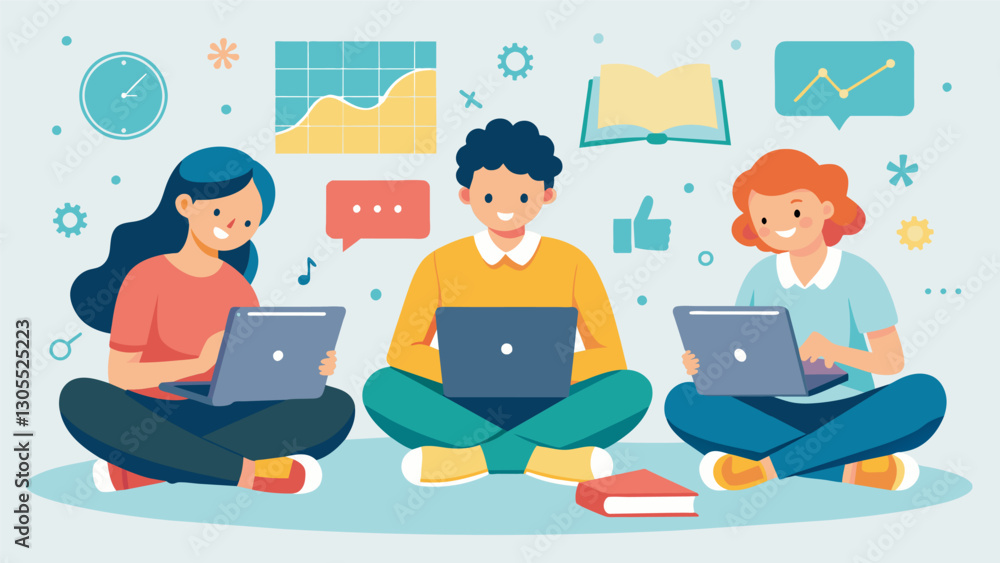 Poster three students sit crosslegged on the floor surrounded by math textbooks and open laptops as they wo