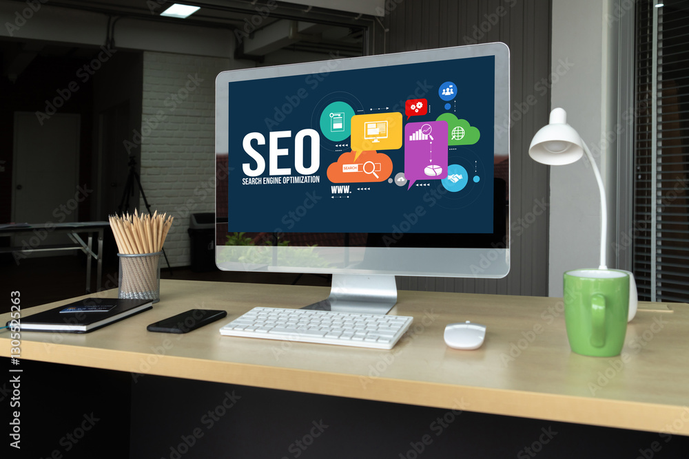 Poster seo search engine optimization for modish e-commerce and online retail business showing on computer 