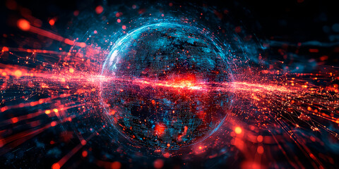 Fototapeta premium Futuristic digital representation of a hyper-connected Earth with glowing red and blue data streams surrounding the planet. The image illustrates advanced global networking, cybersecurity, and high