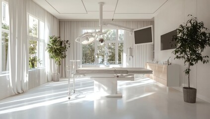 The operating room features modern equipment, including medical devices for neurosurgery, with the operating theatre in the background, all highlighted with selective focus, and the scene is of a