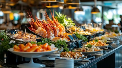 Luxurious buffet spread with a variety of gourmet dishes fresh seafood salads and decadent desserts arranged in an upscale dining setting