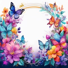  beautiful border frame of hand drawn colorful flowers and colorful butterflies background, graphic resource