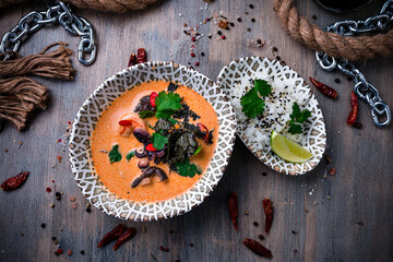 Thai dish tom yam. Traditional spicy soup top view
