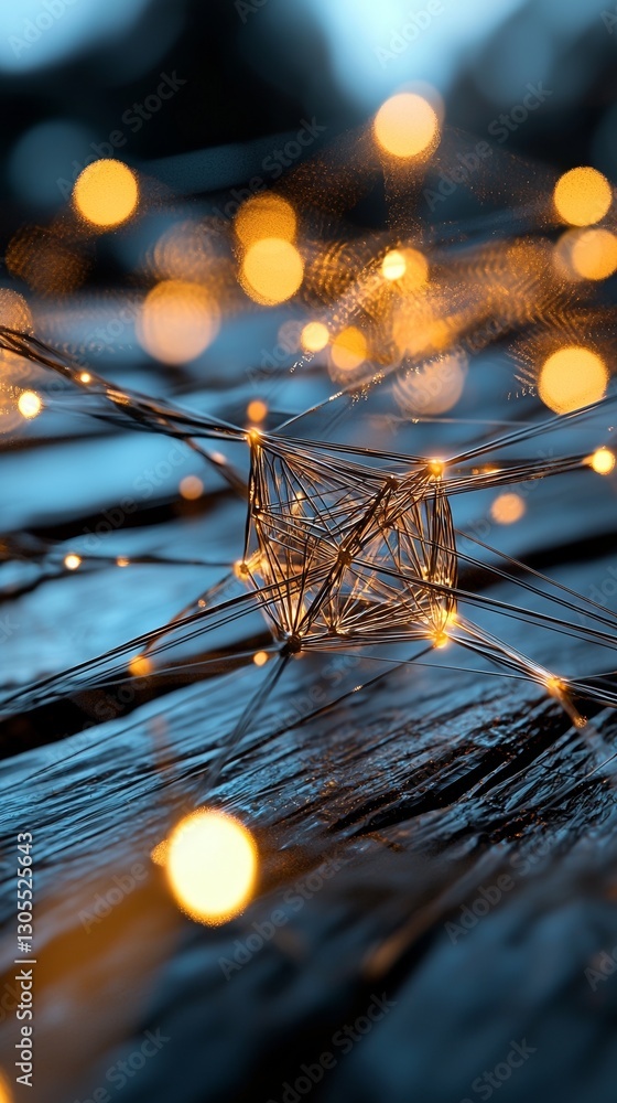 Poster A cyber network grid of connected particles forms the background of an abstract science or technology scene representing a quantum computing system on a grid surface