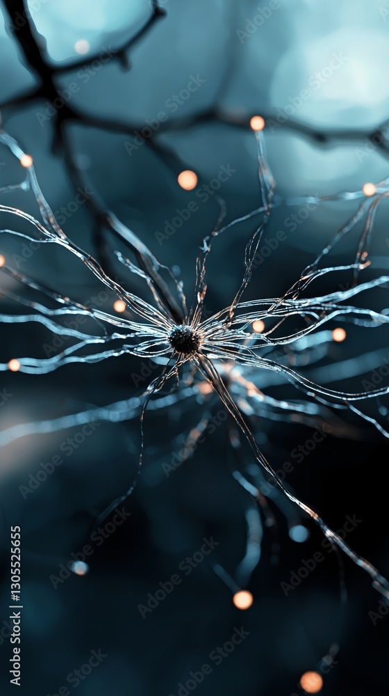 Poster The background of a quantum computing system features an abstract grid of interconnected particles symbolizing artificial neurons and global data connections in a science or technology setting