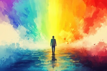 Obraz premium A Person Walking Towards Bright Colorful Light and Reflection