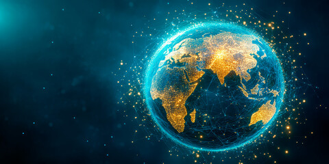 Obraz premium Futuristic Digital Earth With Glowing Blue And Gold Network Connections Representing Global Communication, AI, And Blockchain. Concept Of Innovation, Technology, And Big Data In Business.