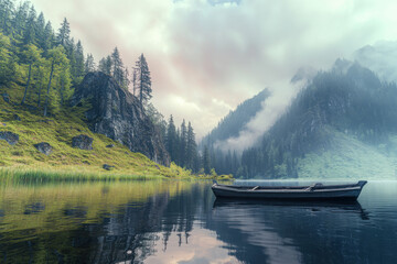 Wooden boat floating on a tranquil mountain lake, surrounded by steep rocky cliffs, dense pine forests, and towering mountains, with misty clouds and reflections on the calm water creating a peaceful 