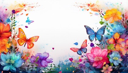  beautiful border frame of hand drawn colorful flowers and colorful butterflies background, graphic resource