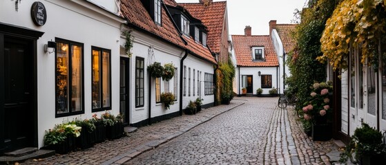 Fototapeta premium Serene cobblestone street lined with charming white houses adorned with lush greenery and warm lit windows, evoking a cozy village ambiance.