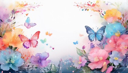  beautiful border frame of hand drawn colorful flowers and colorful butterflies background, graphic resource