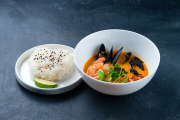 Thai dish tom yam. Traditional spicy soup close-up