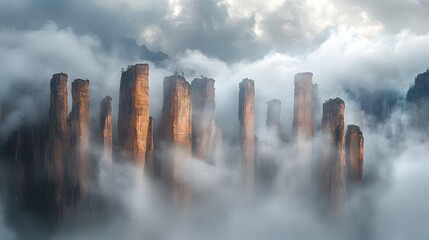 Dramatic Foggy Cityscape of Towering Skyscrapers in Moody Atmosphere