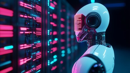 Futuristic robot by data servers.