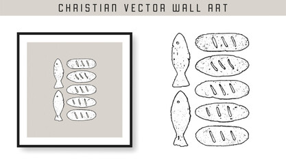 5 Bread and 2 Fish. Jesus Feeds 5000. Christian scripture motivation poster and inspirational wall art. Bible verse. Christian quote for inspiration. Vector illustration