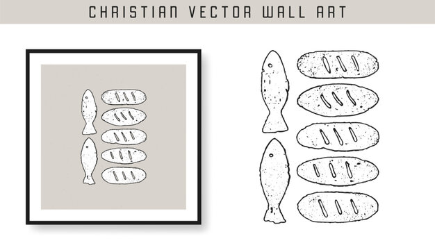 5 Bread and 2 Fish. Jesus Feeds 5000. Christian scripture motivation poster and inspirational wall art. Bible verse. Christian quote for inspiration. Vector illustration
