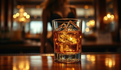 Sipping Bourbon Cocktail with Ice in Stylish Bar Setting at Night