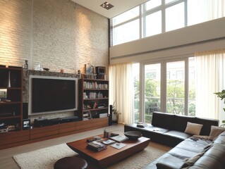 A modern and spacious living room with natural light features
