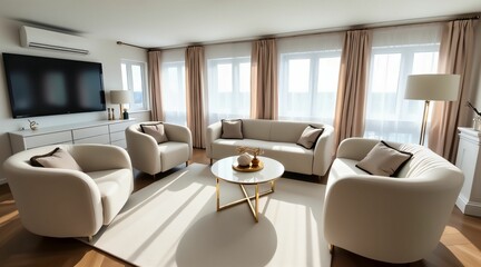 Fototapeta premium Modern living room featuring stylish furniture with natural light streaming through large windows