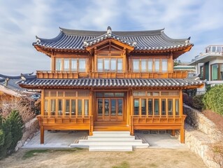 A Traditional Asian Style Wooden House Stands in the Daylight