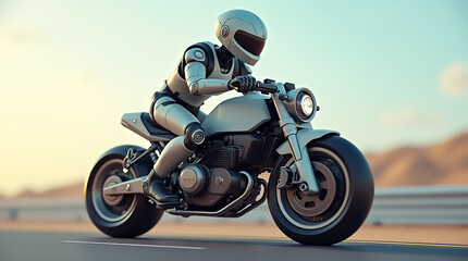 Naklejka premium Robot rider cruising on a sleek motorcycle against a scenic backdrop at sunset
