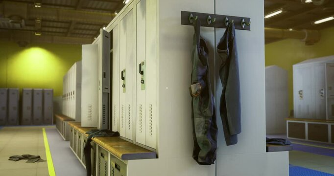 Rows of open lockers are visible in the locker room. Several pieces of sports clothing are hanging on hooks, with some items casually draped over surfaces. Bright light fills the space.