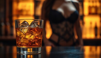 Elegant Cocktail Glass with Ice in Nightclub Setting with Confident Woman in Background