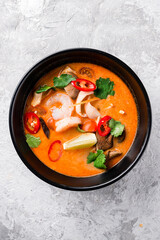Thai dish tom yam. Traditional spicy soup top view