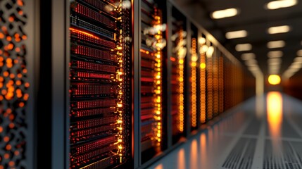 Background of an abstract data center, with a database stored in a terminal, a hardware server room, cloud computing, networking, and hosting all organized within a rack system