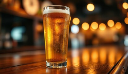 Refreshing Glass of Beer on Bar Counter with Blurred Background Lights