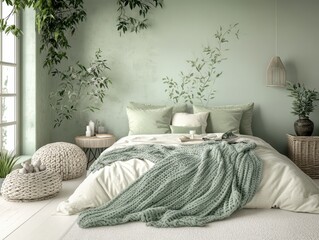 A serene and stylish bedroom featuring a calming aesthetic design