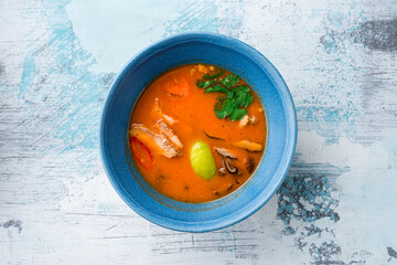Thai dish tom yam. Traditional spicy soup top view