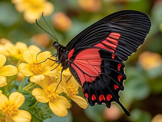 Red & black butterfly on yellow flowers