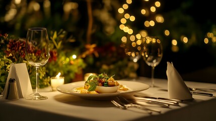 Michelin inspired table setting with exquisite plating white tablecloth polished silverware and a dish arranged like art under soft romantic lighting