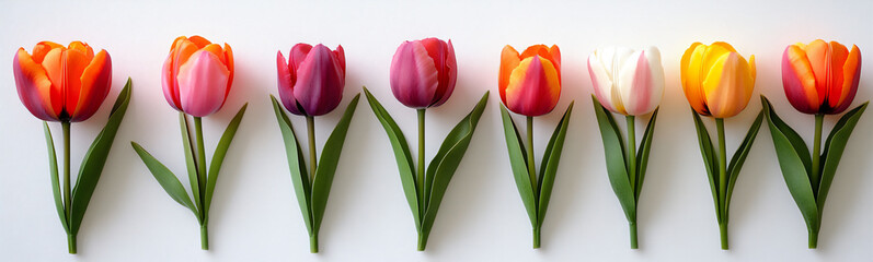 colorful tulips in various hues arranged on a white background,
