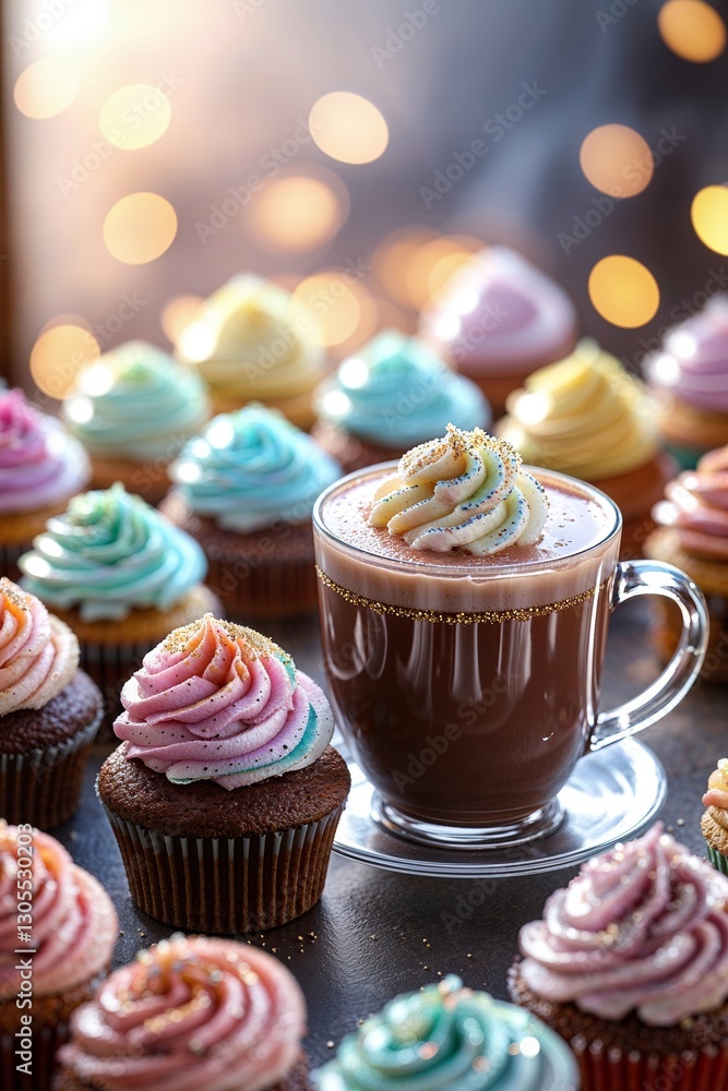 Poster delicious cupcakes and coffee create a vibrant dessert display with colorful frosting in a cozy sett