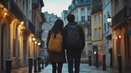 Couple exploring the city. Boyfriend showing his girlfriend