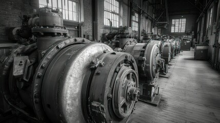 Industrial machines aligned in an old brick buildings interior