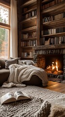 Cozy cabin fireplace, autumn reading