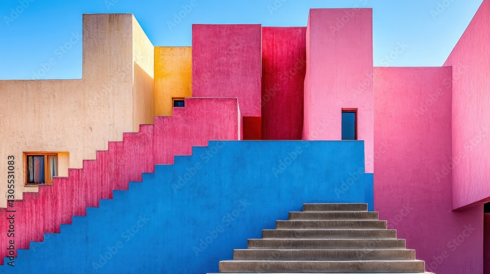 Poster colorful and artistic architectural structures with stairs and windows
