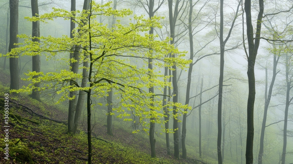 Poster green leaved tree surrounded by many other trees in a forest