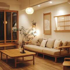 A modern and minimalist interior living room with natural elements