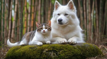 Obraz premium Adorable Dog and Cat Resting Together in Mossy Forest