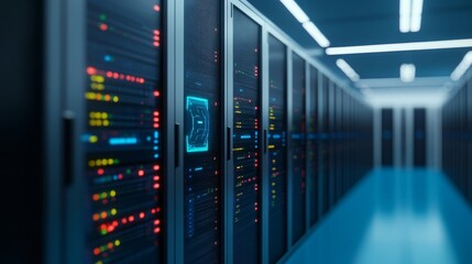 Modern data center with illuminated servers.