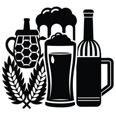 Vintage Beer Mug Collection,Retro Beer Glasses and Barley,Classic Beer Stein Design | Brewery-Themed Artwork.