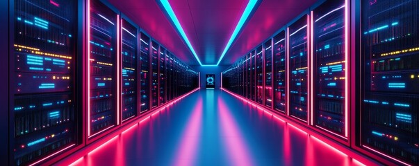 Modern data center with vibrant neon lighting.