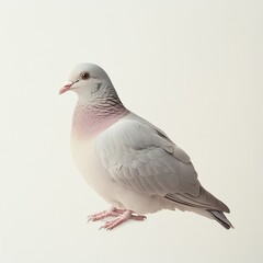 Obraz premium A graceful gray pigeon with a soft pink hue on its neck, standing elegantly against a light background, showcasing its distinct features.